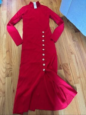 Red Ribbed Button-Front Long Sleeve Dress. New w/tag, from Ann Taylor. Size XS